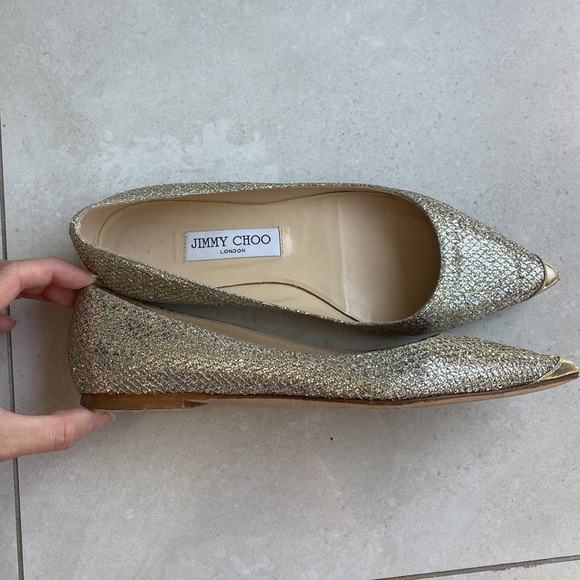 Jimmy Choo Classic Champagne Glitter Fabric Flat 37.5 - Picture 6 of 8